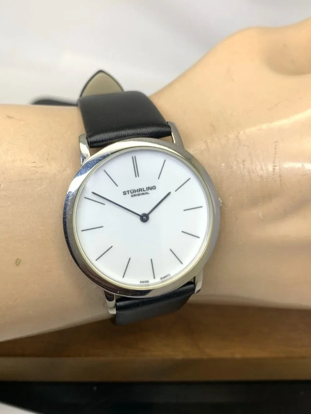 Stuhrling Mens Watch Swiss Quartz White Dial Silver Case Black Leather Band 38mm